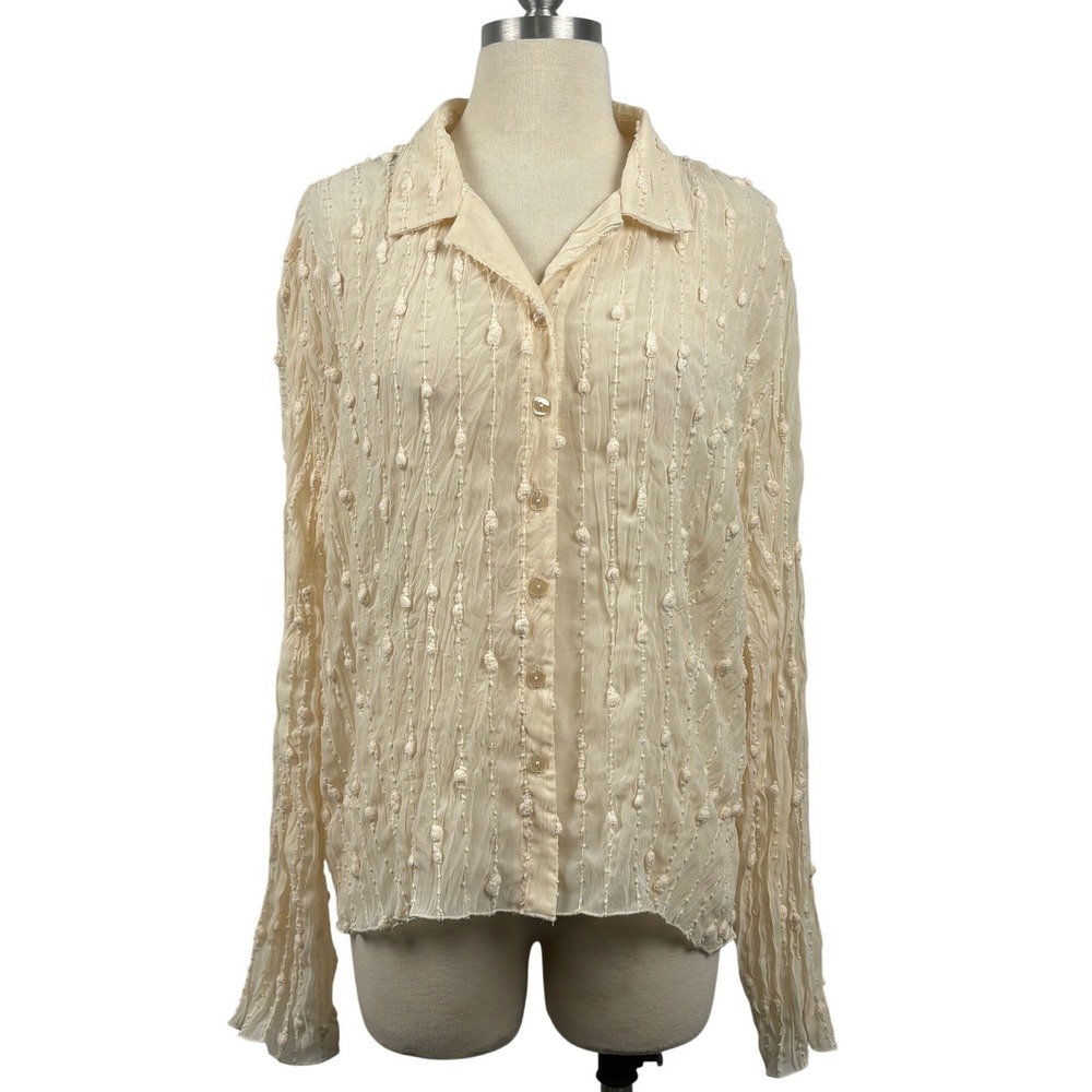 Beliza Cream/Yellow Textured Pom Pom Crinkle Blouse Button Front Womens Size‎ 12